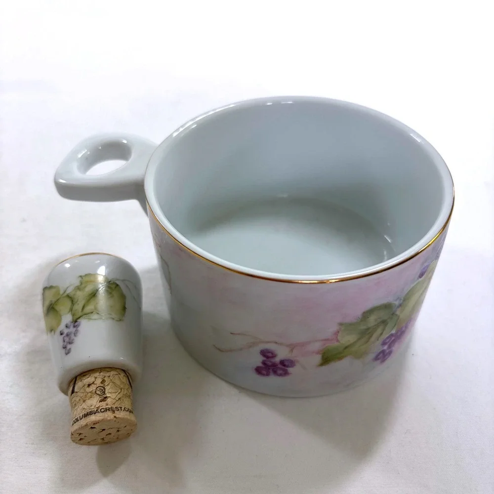Hand Painted Porcelain Wine Coaster with Matching Grape Vine Cork Stopper Rare